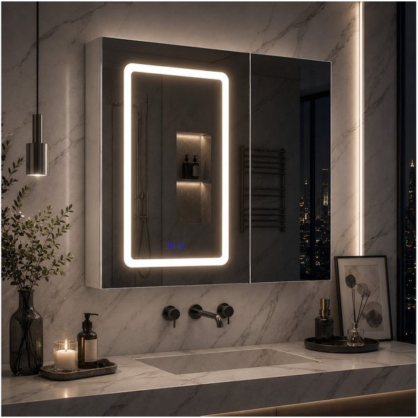 Simurq Badezimmerspiegelschrank Spiegelschrank Bad 70cm Mit LED Beleuchtung, Doppelseitiger Spiegel (Set, 3 Farbtemperatur Dimmbare, Badezimmerschrank Wandschra