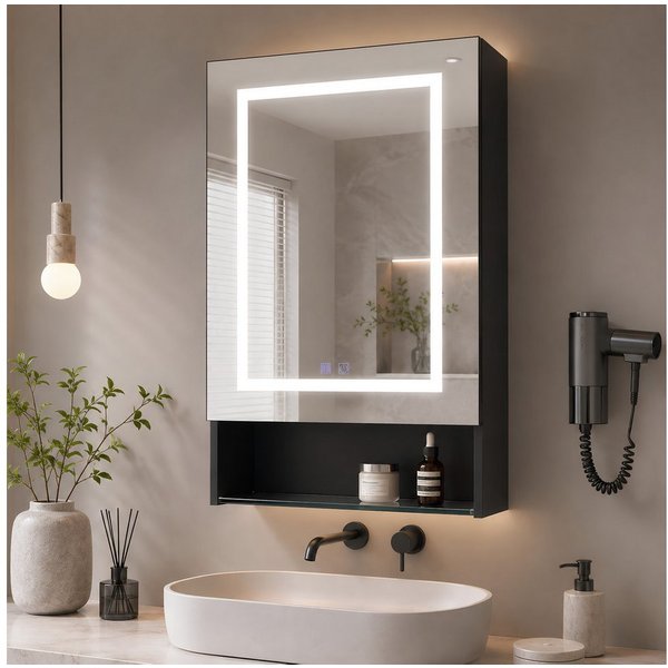 Simurq Badezimmerspiegelschrank Spiegelschrank Bad Mit LED, Offenes Regalen, Wandschrank Hängeschrank (Set, Spiegelschrank Mit LED Beleuchtung, 3 Farbtemperatur