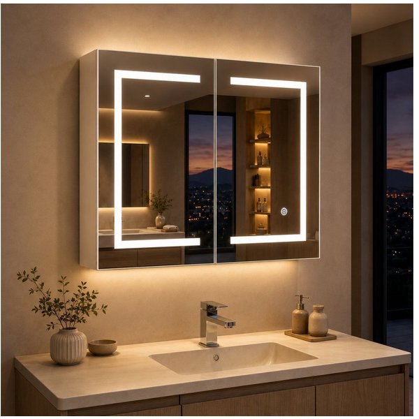 Simurq Badezimmerspiegelschrank Spiegelschrank Bad Mit LED Beleuchtung Und Ablage, Hängeschrank (Set, Badspiegel mit verstellbaren Regalen) 3 Farbtemperatur Dim