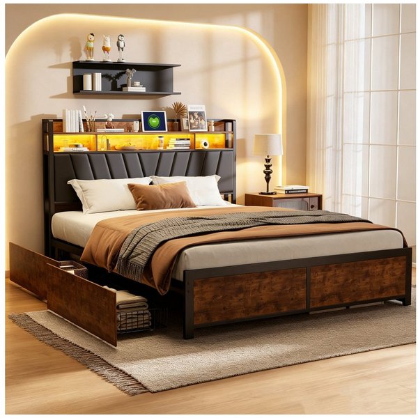 Simurq Bett Polsterbett mit Stauraum, Doppelbett mit LED & USB,Stahl Holz (Stauraumbett mit 4 Schubladen,Doppelbett mit Stauraum Kopfteil), Massivholzbett mit P