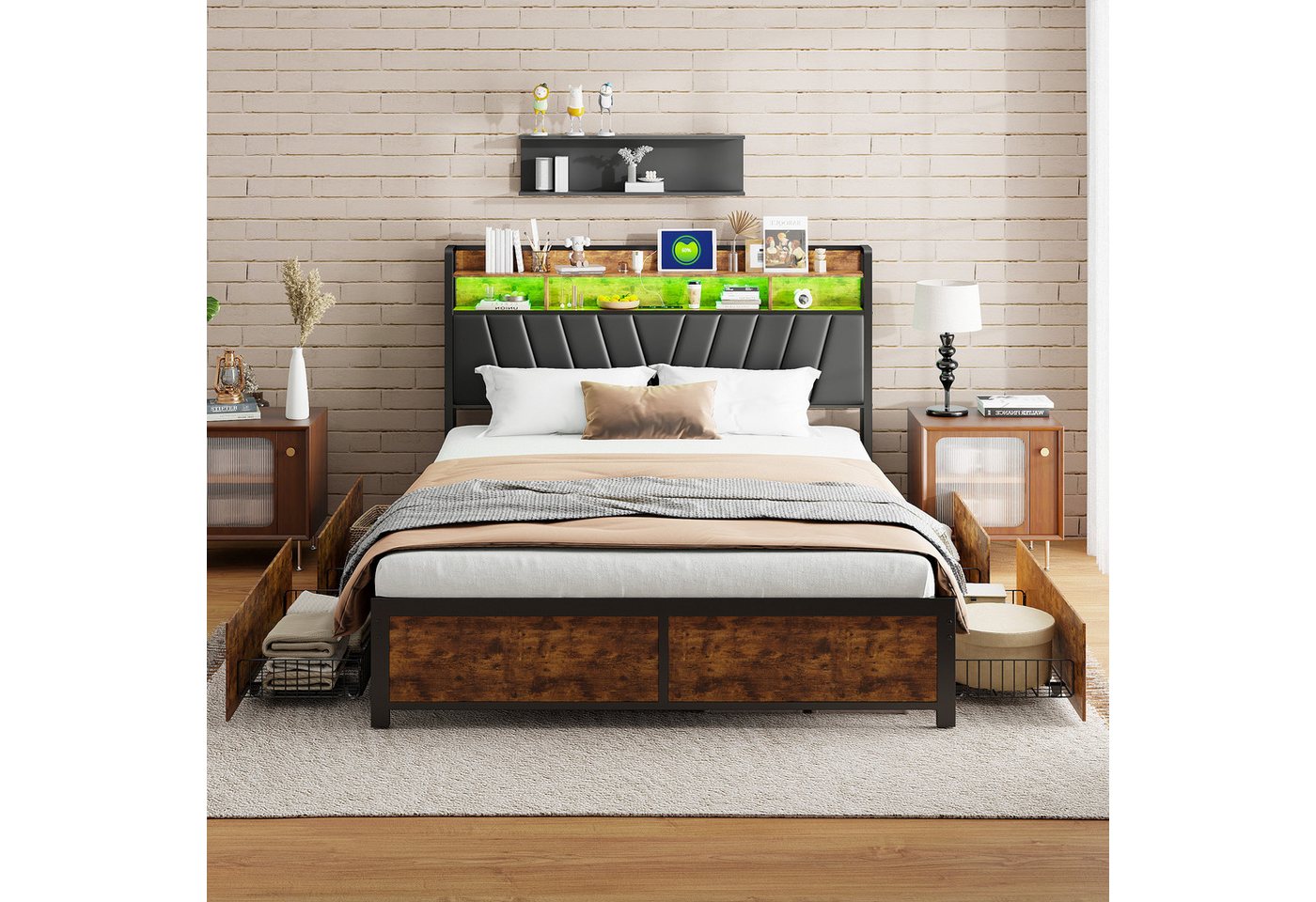 Simurq Bett Polsterbett mit Stauraum, Doppelbett mit LED & USB,Stahl Holz (Stauraumbett mit 4 Schubladen,Doppelbett mit Stauraum Kopfteil), Massivholzbett mit P – Bild 2 von 5