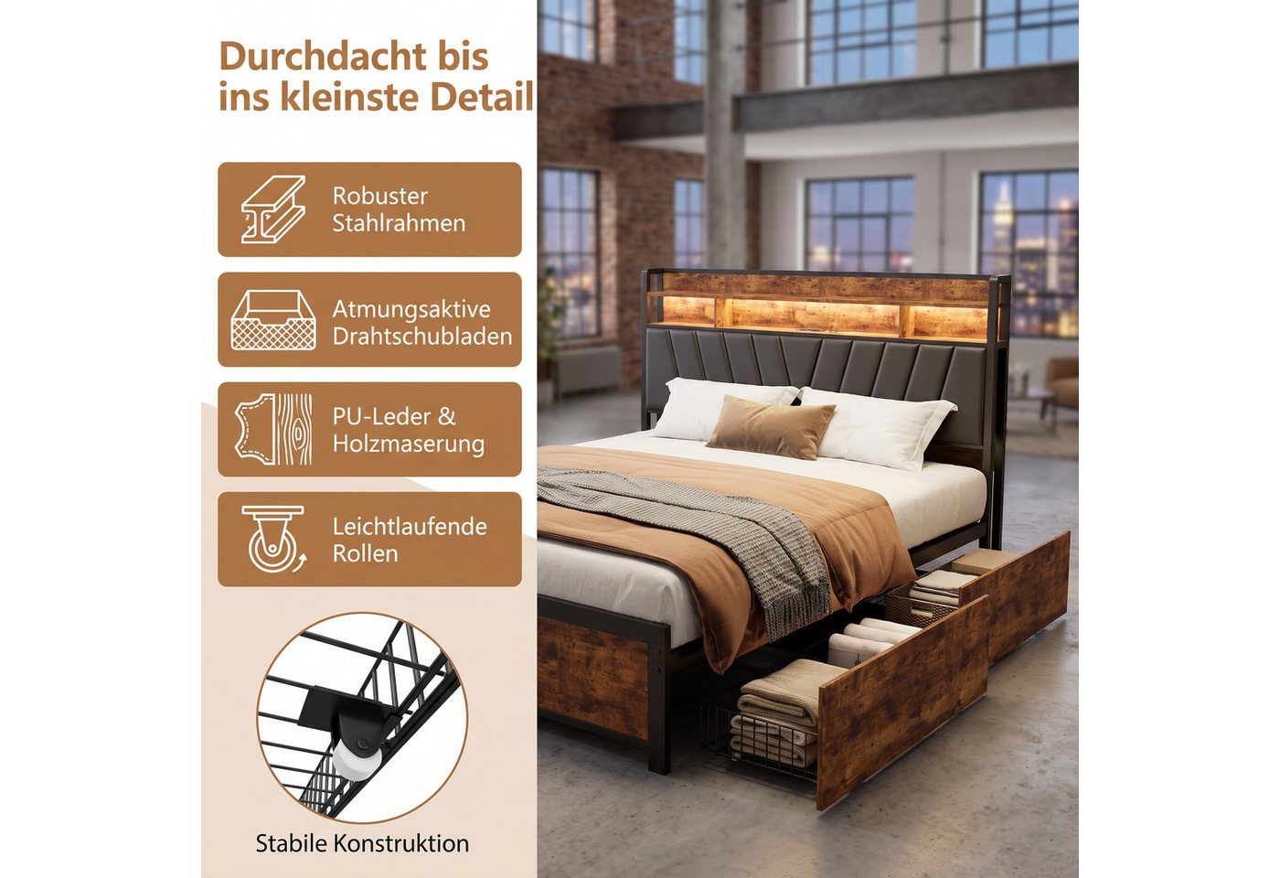 Simurq Bett Polsterbett mit Stauraum, Doppelbett mit LED & USB,Stahl Holz (Stauraumbett mit 4 Schubladen,Doppelbett mit Stauraum Kopfteil), Massivholzbett mit P – Bild 3 von 5