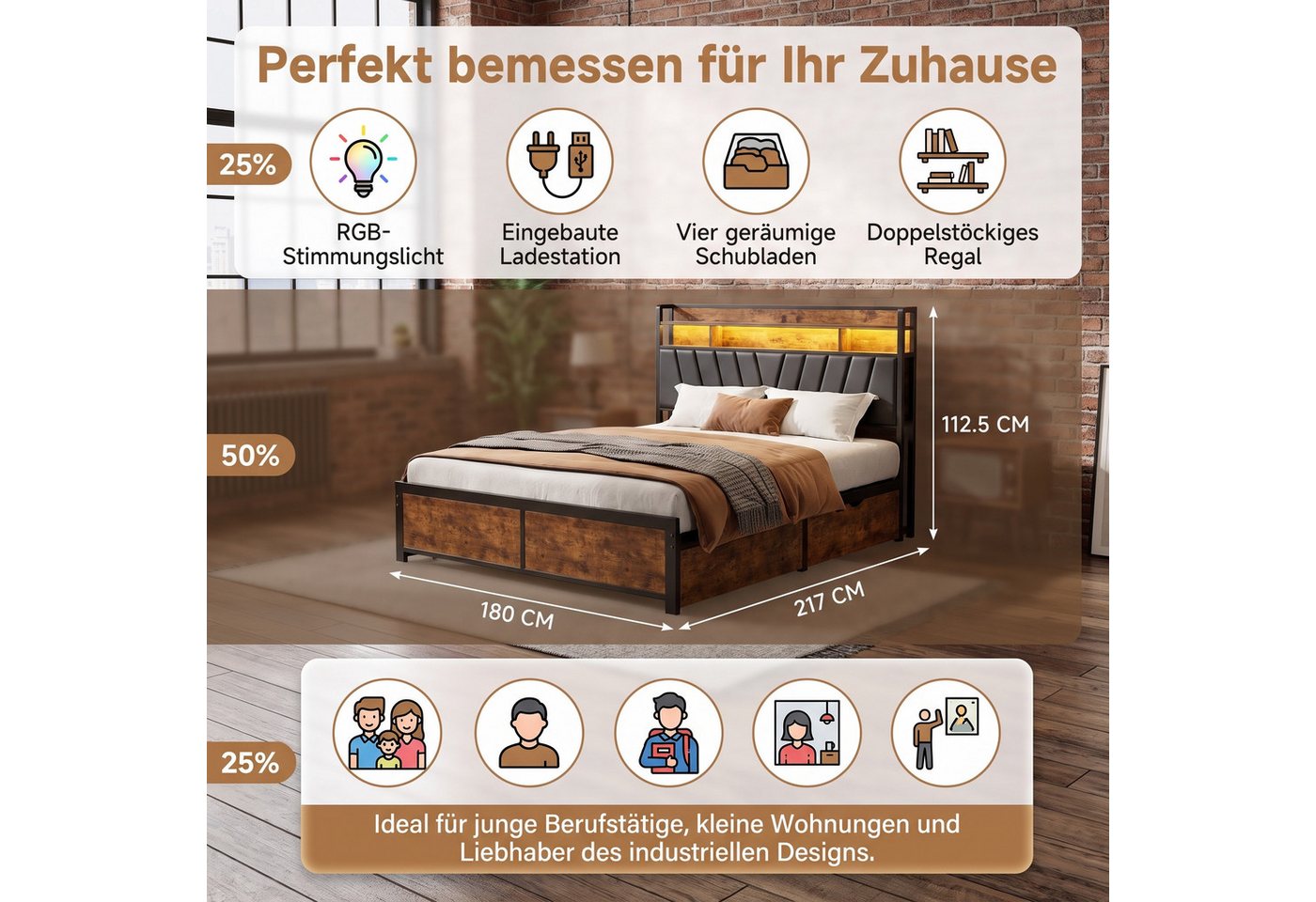 Simurq Bett Polsterbett mit Stauraum, Doppelbett mit LED & USB,Stahl Holz (Stauraumbett mit 4 Schubladen,Doppelbett mit Stauraum Kopfteil), Massivholzbett mit P – Bild 4 von 5