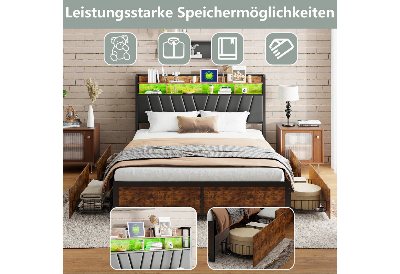 Simurq Bett Polsterbett mit Stauraum, Doppelbett mit LED & USB,Stahl Holz (Stauraumbett mit 4 Schubladen,Doppelbett mit Stauraum Kopfteil), Massivholzbett mit P – Bild 5 von 5