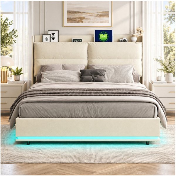 Simurq Boxspringbett Polsterbett 140x200,Doppelbett mit LED und USB,Abnehmbare Rückenlehne (Doppelbettgestell,Hydraulisch Stauraumbett,Samt, Beige), Lattenrost,