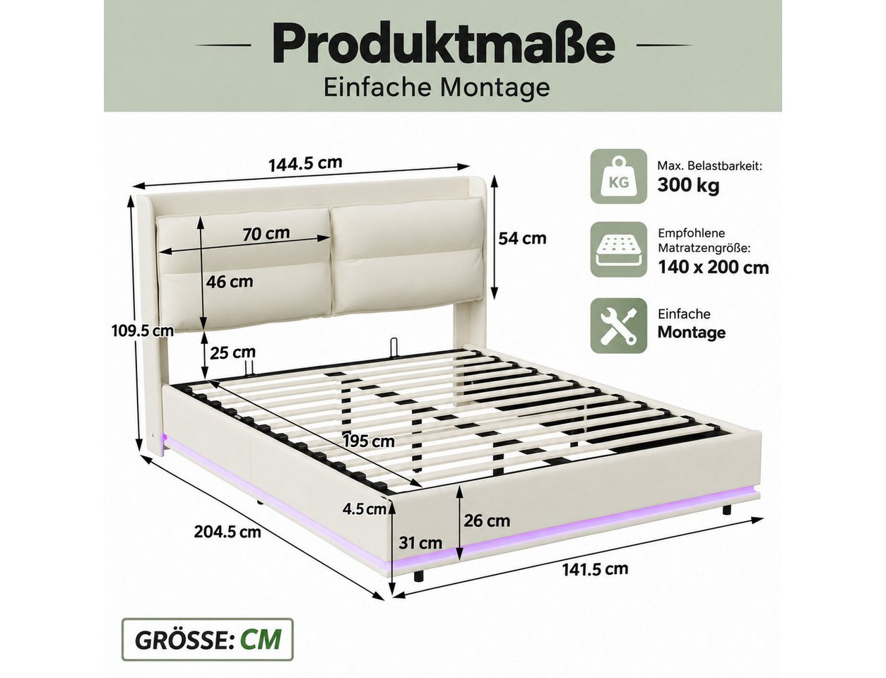 Simurq Boxspringbett Polsterbett 140x200,Doppelbett mit LED und USB,Abnehmbare Rückenlehne (Doppelbettgestell,Hydraulisch Stauraumbett,Samt, Beige), Lattenrost, – Bild 3 von 5