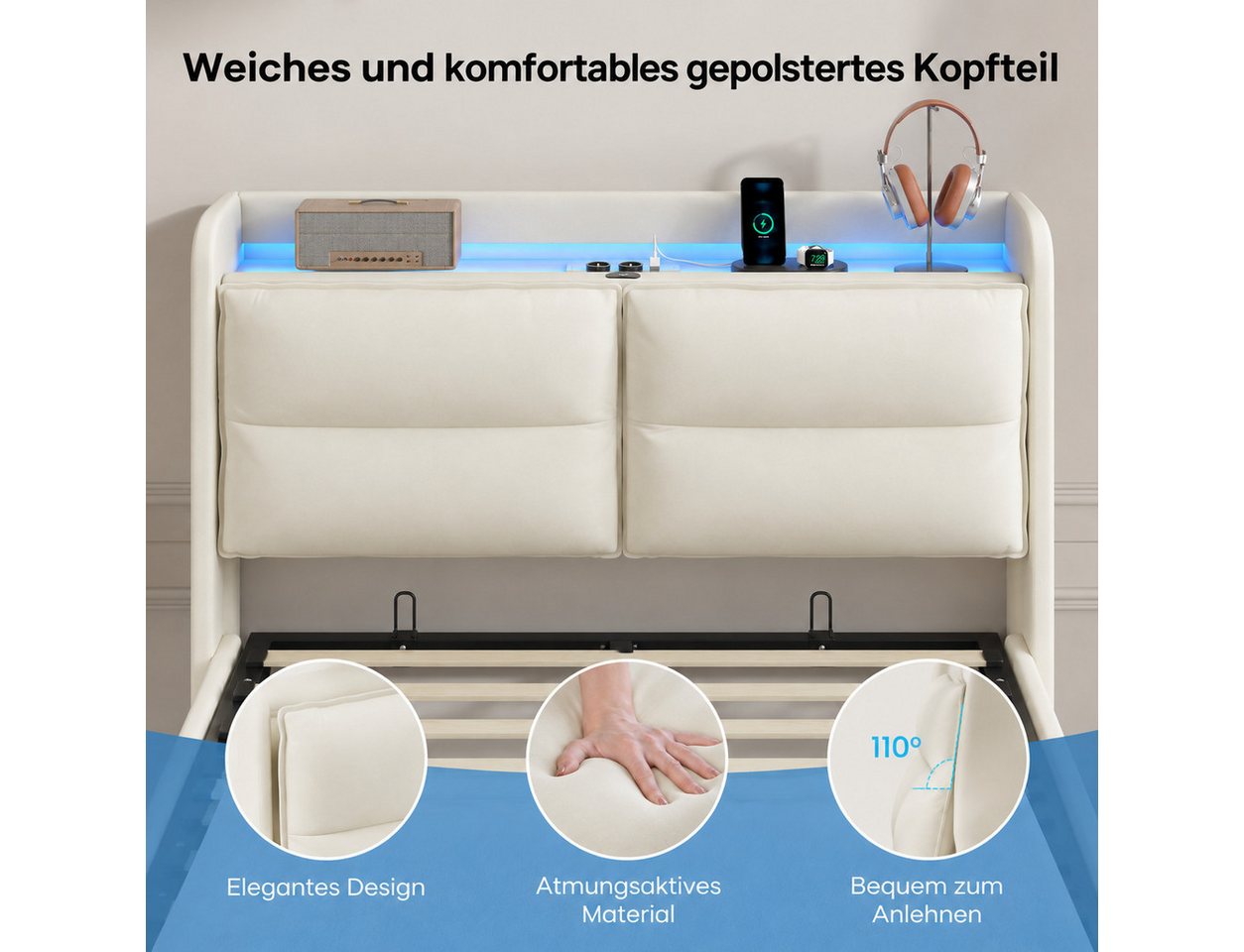 Simurq Boxspringbett Polsterbett 140x200,Doppelbett mit LED und USB,Abnehmbare Rückenlehne (Doppelbettgestell,Hydraulisch Stauraumbett,Samt, Beige), Lattenrost, – Bild 4 von 5