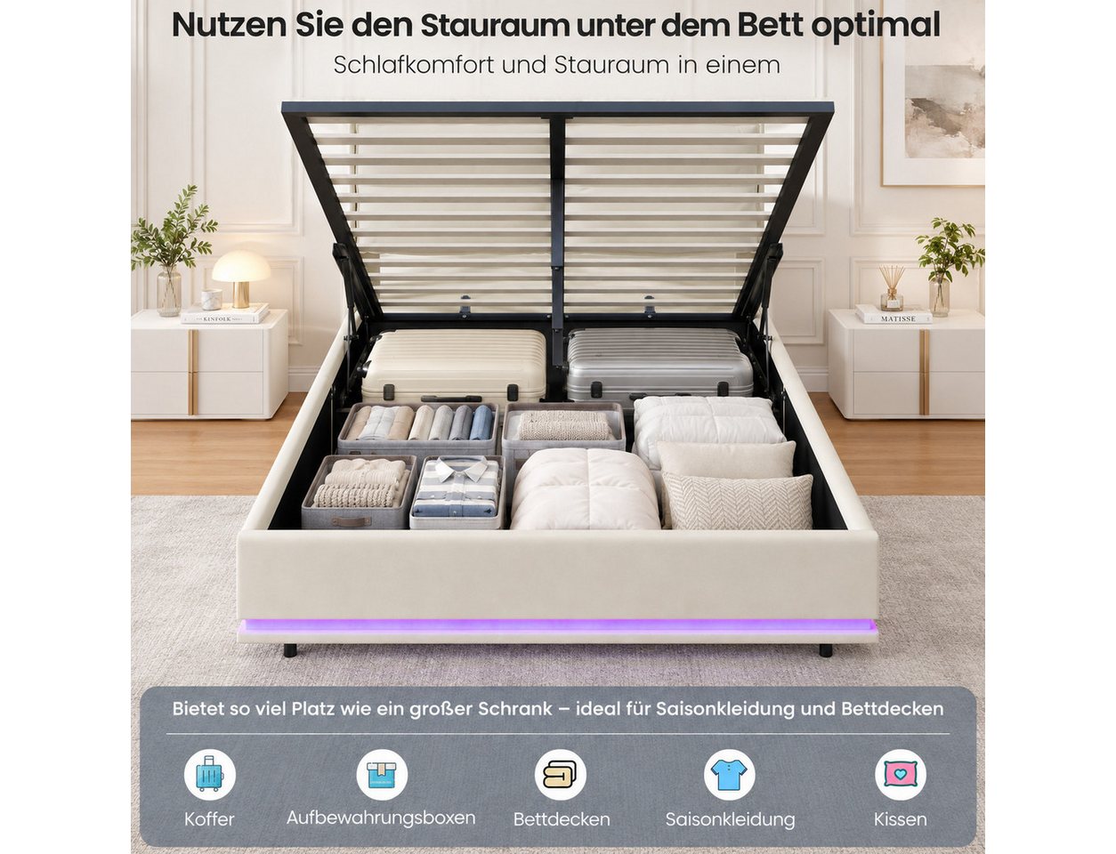 Simurq Boxspringbett Polsterbett 140x200,Doppelbett mit LED und USB,Abnehmbare Rückenlehne (Doppelbettgestell,Hydraulisch Stauraumbett,Samt, Beige), Lattenrost, – Bild 5 von 5