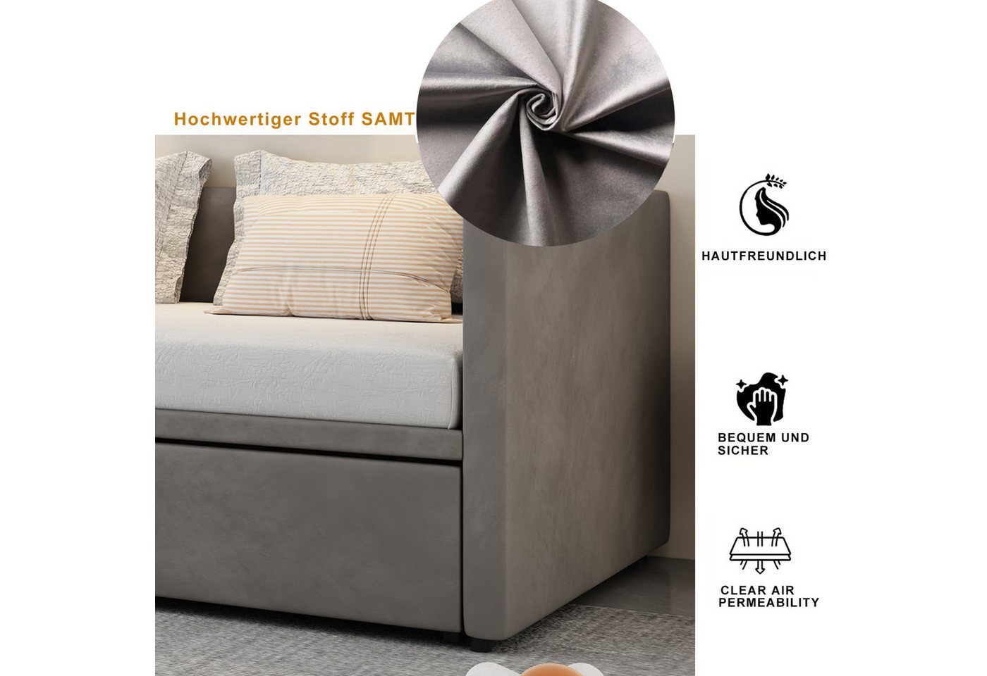 Simurq Daybett Schlafsofa 90/180x200cm, Ausziehbett, Tagesbett, Mit Unterbett, Lattenrost, Samt, Gästebett, Platzsparend – Bild 2 von 5