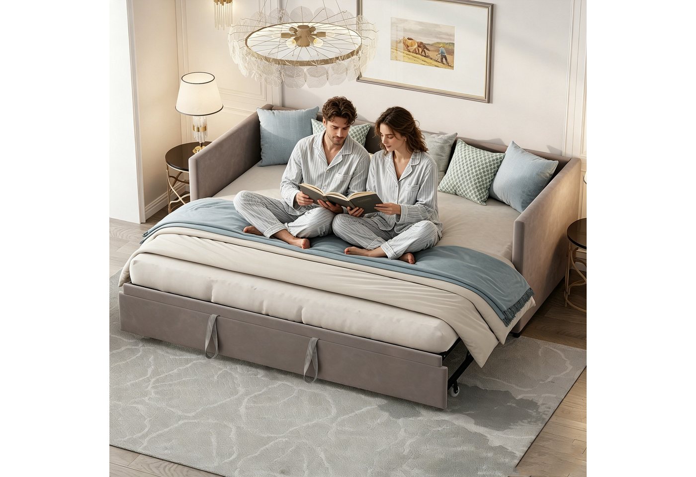 Simurq Daybett Schlafsofa 90/180x200cm, Ausziehbett, Tagesbett, Mit Unterbett, Lattenrost, Samt, Gästebett, Platzsparend – Bild 4 von 5