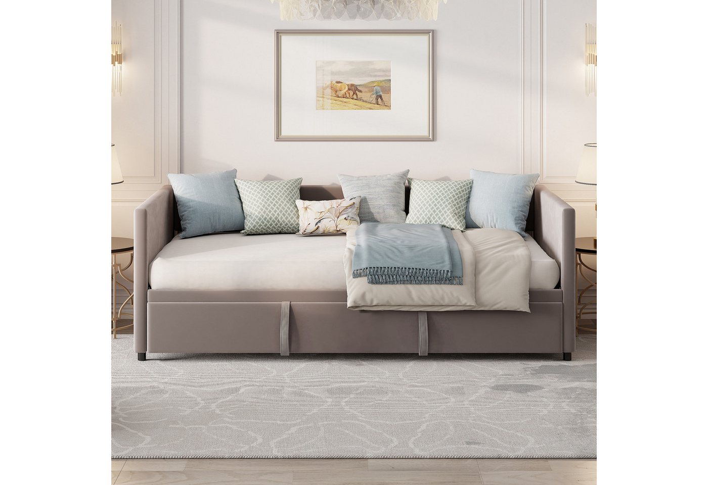 Simurq Daybett Schlafsofa 90/180x200cm, Ausziehbett, Tagesbett, Mit Unterbett, Lattenrost, Samt, Gästebett, Platzsparend – Bild 5 von 5