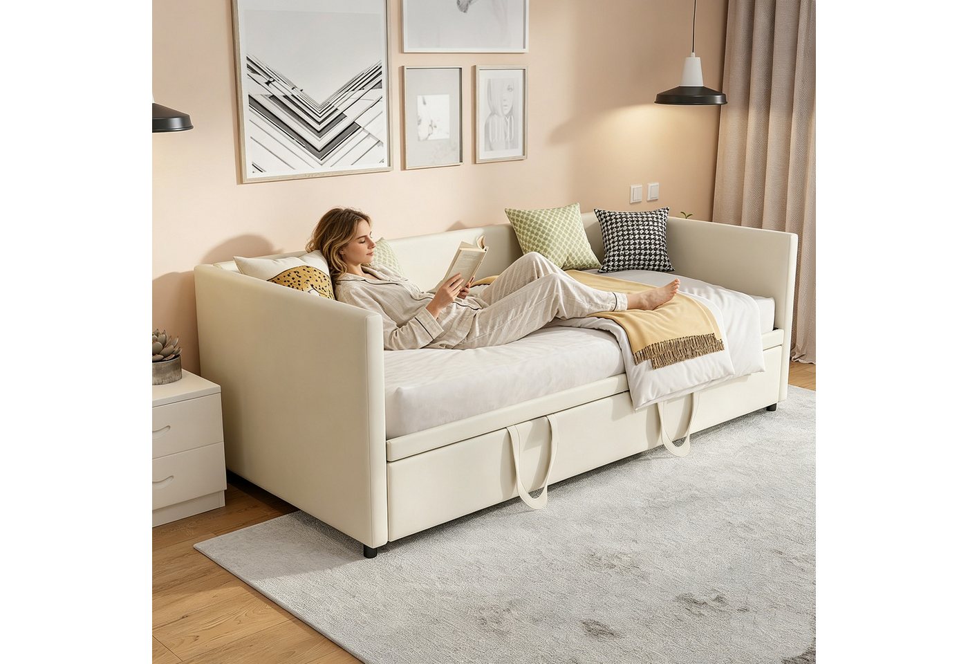 Simurq Daybett Schlafsofa 90/180x200cm, Ausziehbett, Tagesbett, Mit Unterbett, Lattenrost, Samt, Gästebett, Platzsparend – Bild 3 von 5