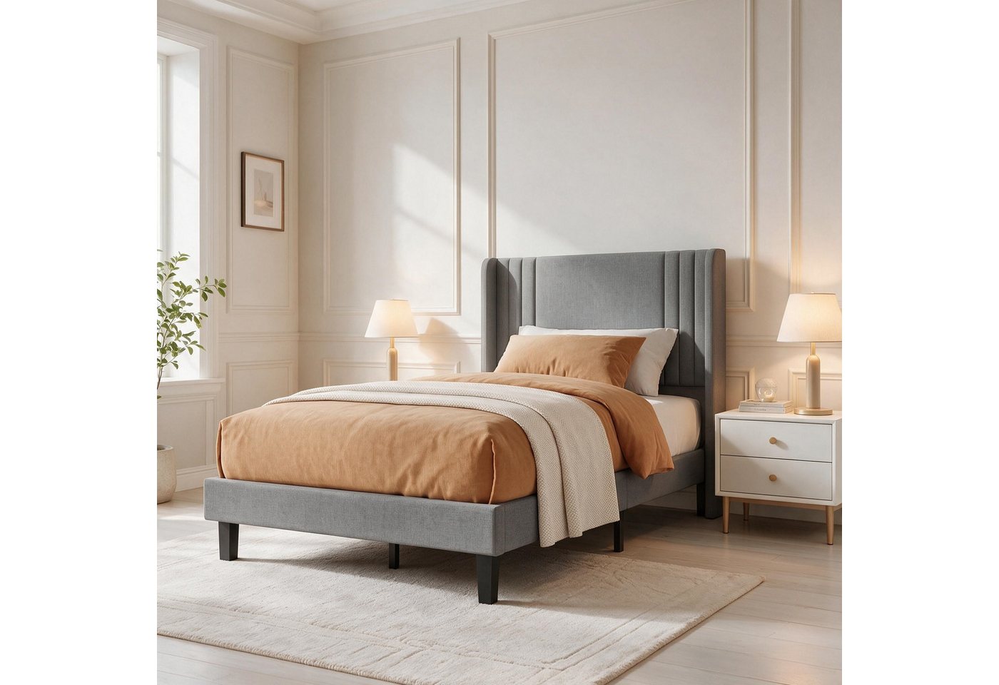 Simurq Einzelbett Bettgestell 90x200 cm Einzelbett Lattenrost gepolst. Kopfteil Leinen – Bild 2 von 5