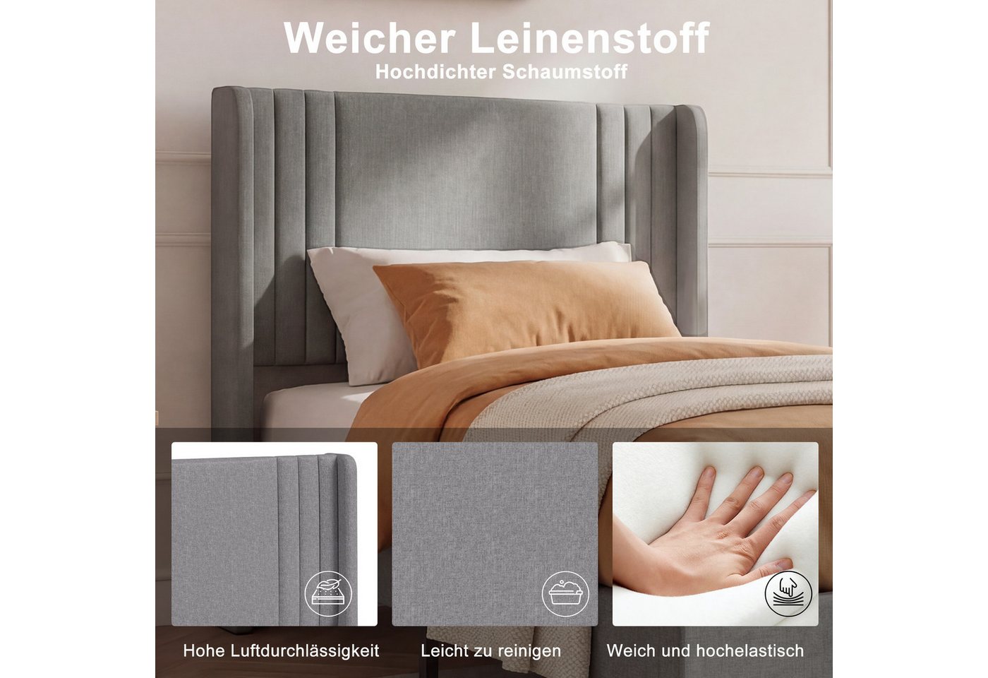 Simurq Einzelbett Bettgestell 90x200 cm Einzelbett Lattenrost gepolst. Kopfteil Leinen – Bild 3 von 5