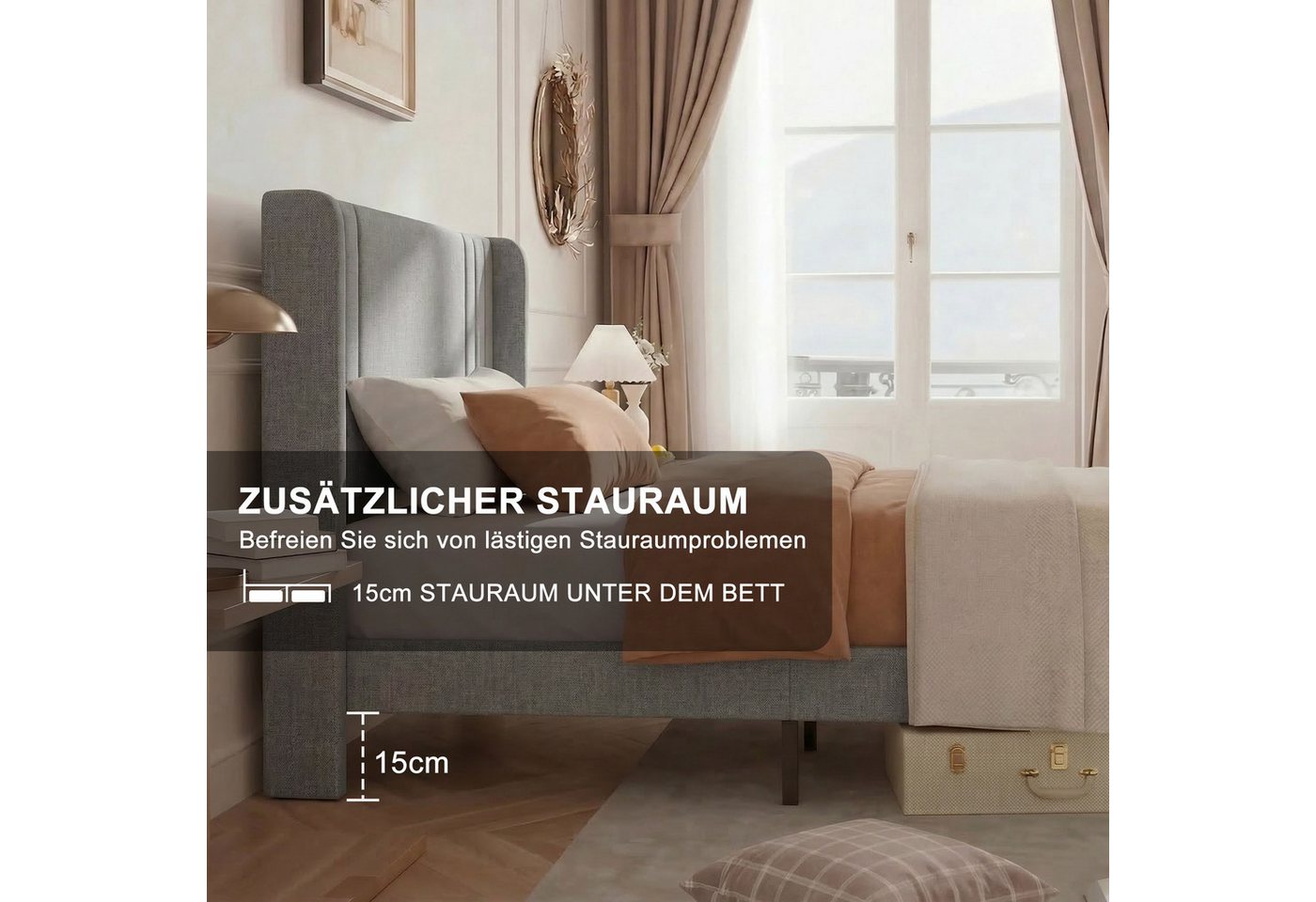Simurq Einzelbett Bettgestell 90x200 cm Einzelbett Lattenrost gepolst. Kopfteil Leinen – Bild 4 von 5