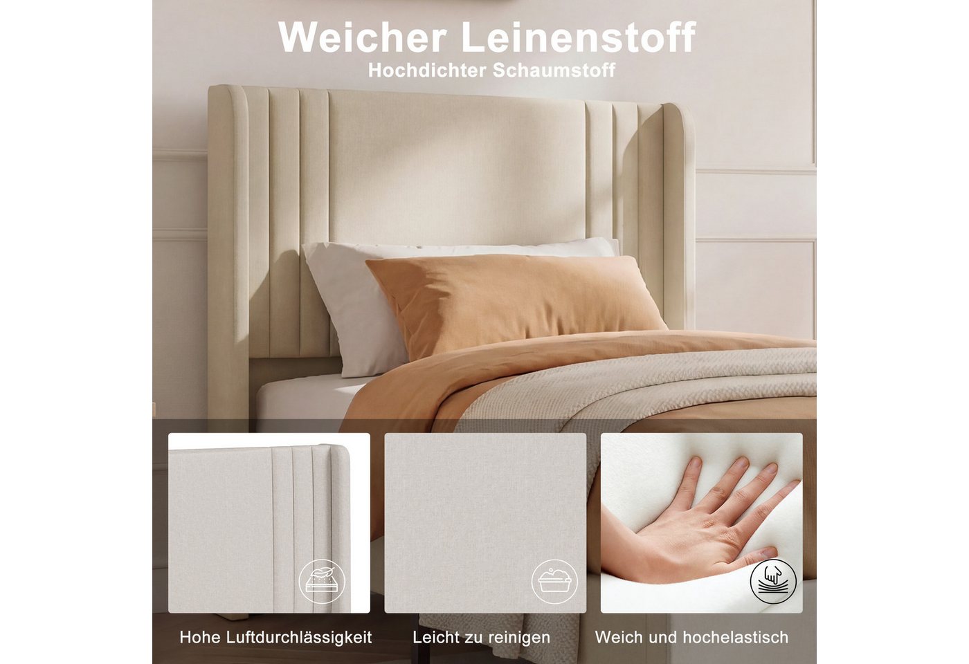 Simurq Einzelbett Bettgestell 90x200 cm Einzelbett Lattenrost gepolst. Kopfteil Leinen – Bild 2 von 5