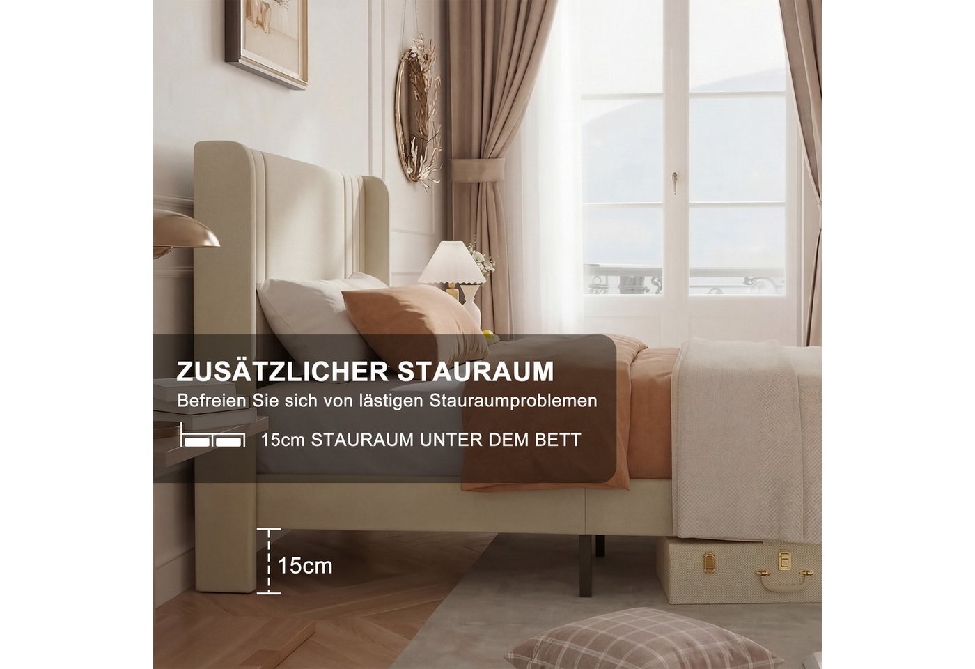Simurq Einzelbett Bettgestell 90x200 cm Einzelbett Lattenrost gepolst. Kopfteil Leinen – Bild 3 von 5