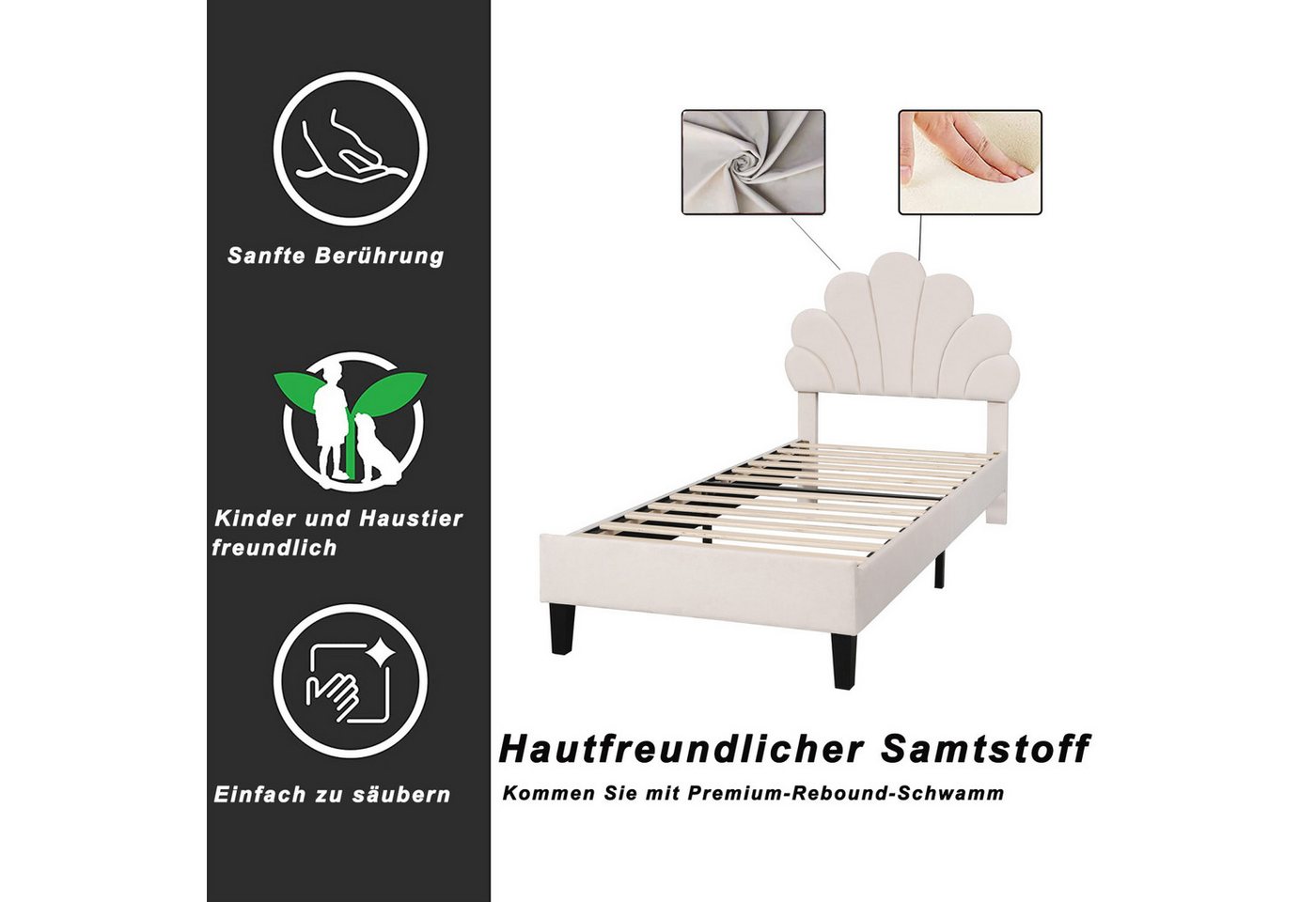 Simurq Einzelbett Kinder-Einzelbett 90x200 cm, Mädchenbett, Polsterbett Bettgestell – Bild 4 von 5