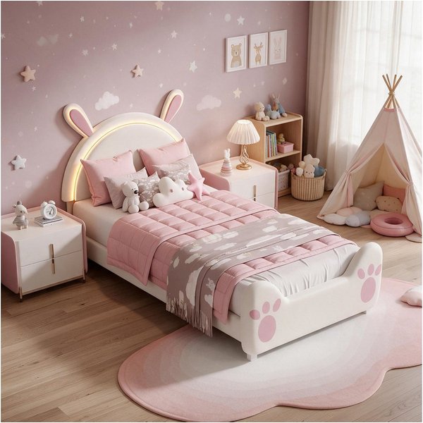 Simurq Einzelbett Kinder Polster-Einzelbett 90x200, Kopfteil in Hasenform mit LED, Samt