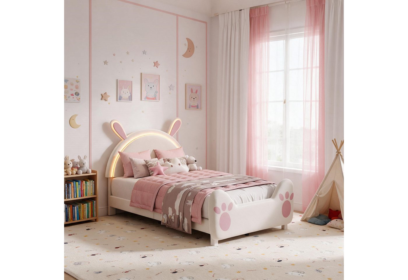 Simurq Einzelbett Kinder Polster-Einzelbett 90x200, Kopfteil in Hasenform mit LED, Samt – Bild 2 von 5