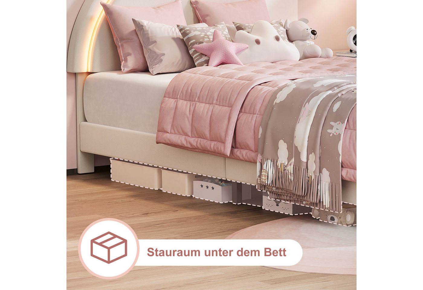 Simurq Einzelbett Kinder Polster-Einzelbett 90x200, Kopfteil in Hasenform mit LED, Samt – Bild 3 von 5