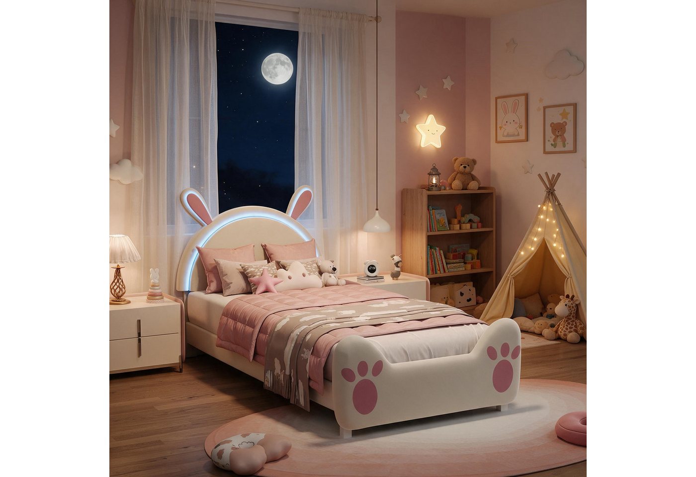 Simurq Einzelbett Kinder Polster-Einzelbett 90x200, Kopfteil in Hasenform mit LED, Samt – Bild 4 von 5