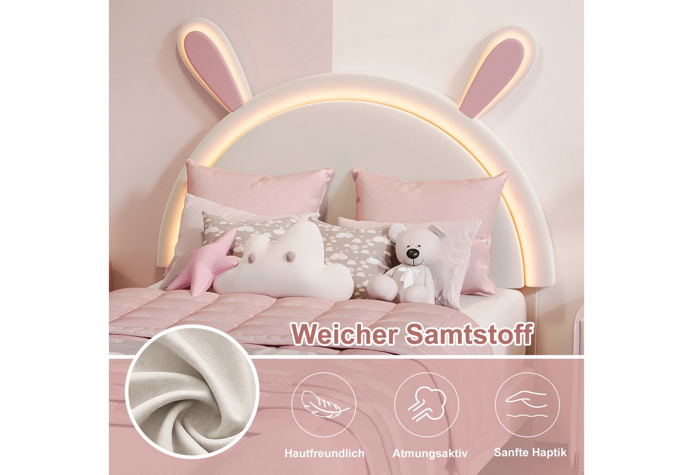 Simurq Einzelbett Kinder Polster-Einzelbett 90x200, Kopfteil in Hasenform mit LED, Samt – Bild 5 von 5