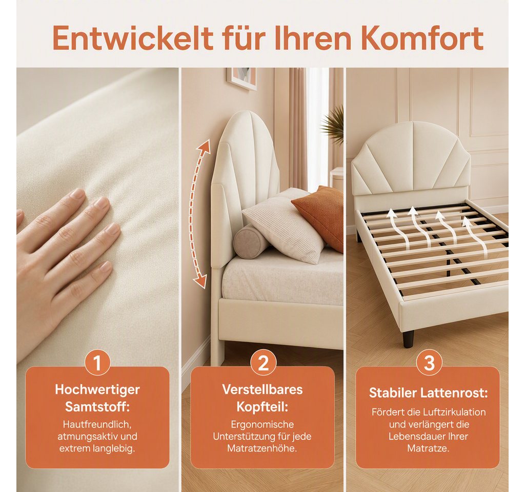 Simurq Einzelbett Kinderbett 90x200, Polsterbett, Samtbett, Jugendbett (1 tlg, ohne Matratze, Mit Lattenrost), Verstellbare Kopfteilhöhe, Komfortables Bettgeste – Bild 3 von 5