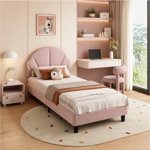 Simurq Einzelbett Kinderbett 90x200, Polsterbett, Samtbett, Jugendbett (1 tlg, ohne Matratze, Mit Lattenrost), Verstellbare Kopfteilhöhe, Komfortables Bettgeste