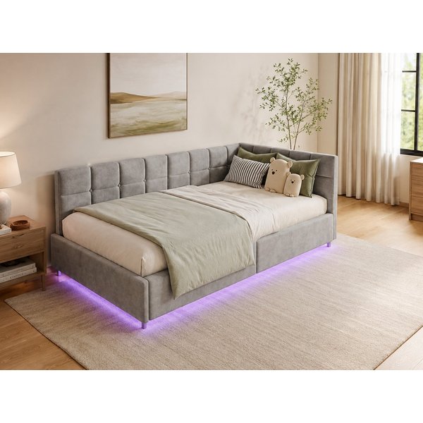 Simurq Einzelbett Einzelbett mit Stauraum, Schlafsofa mit gepolsterter Rückenlehne (Bett mit Bettkasten), Schlafsofa mit Gasdruckfeder, USB & Type-C, RGB-Leucht
