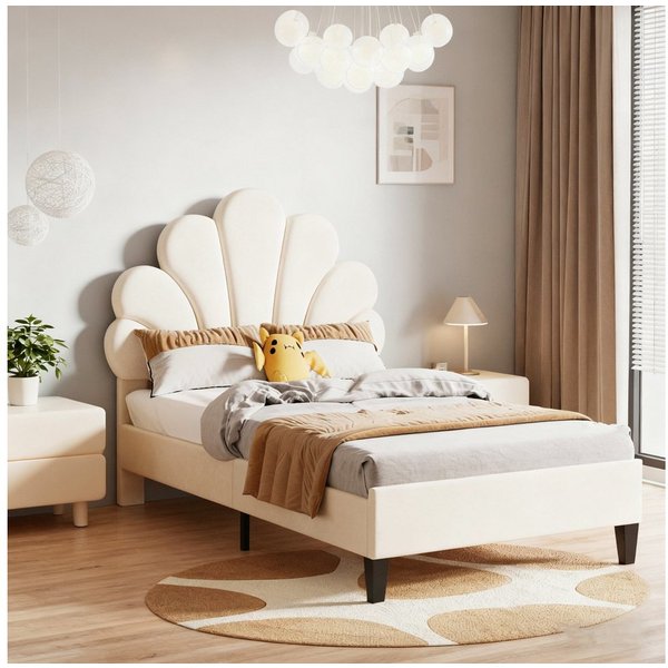 Simurq Einzelbett Polsterbett 90x200, Jugendbett, Einzelbett, Bettgestell, Gästebett, Mit Lattenrost, Blütenblattförmiges Kopfteil, Samt