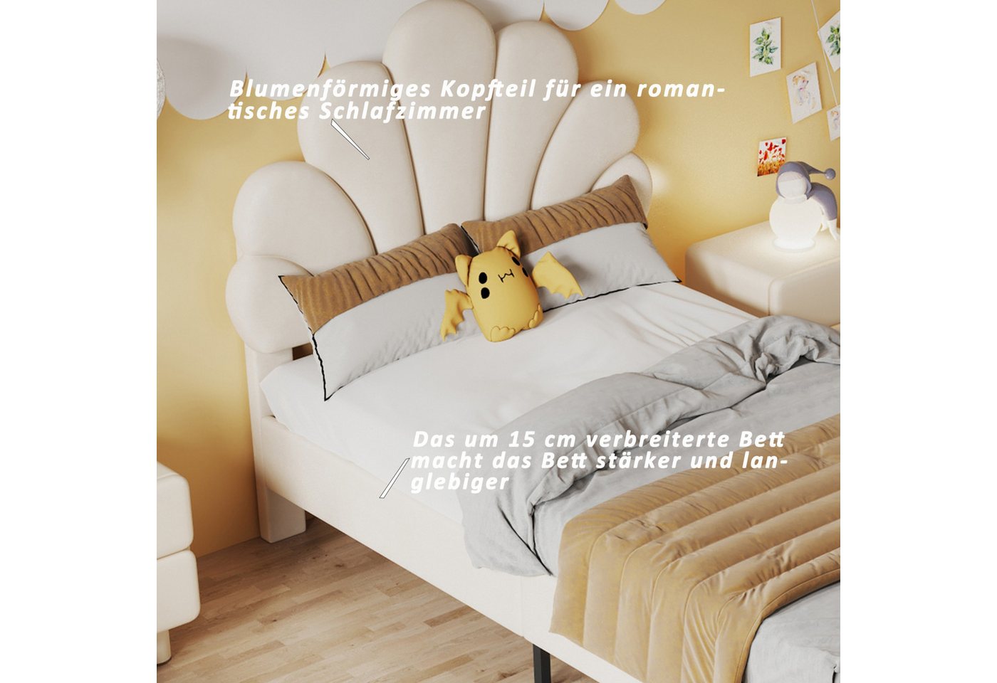 Simurq Einzelbett Polsterbett 90x200, Jugendbett, Einzelbett, Bettgestell, Gästebett, Mit Lattenrost, Blütenblattförmiges Kopfteil, Samt – Bild 2 von 5