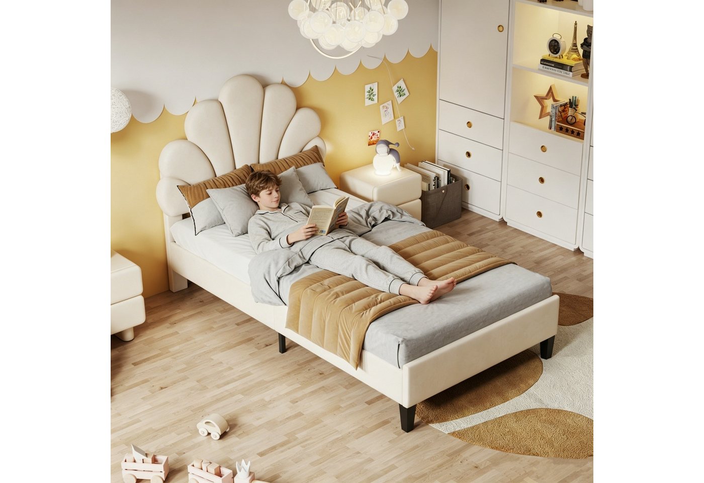 Simurq Einzelbett Polsterbett 90x200, Jugendbett, Einzelbett, Bettgestell, Gästebett, Mit Lattenrost, Blütenblattförmiges Kopfteil, Samt – Bild 4 von 5