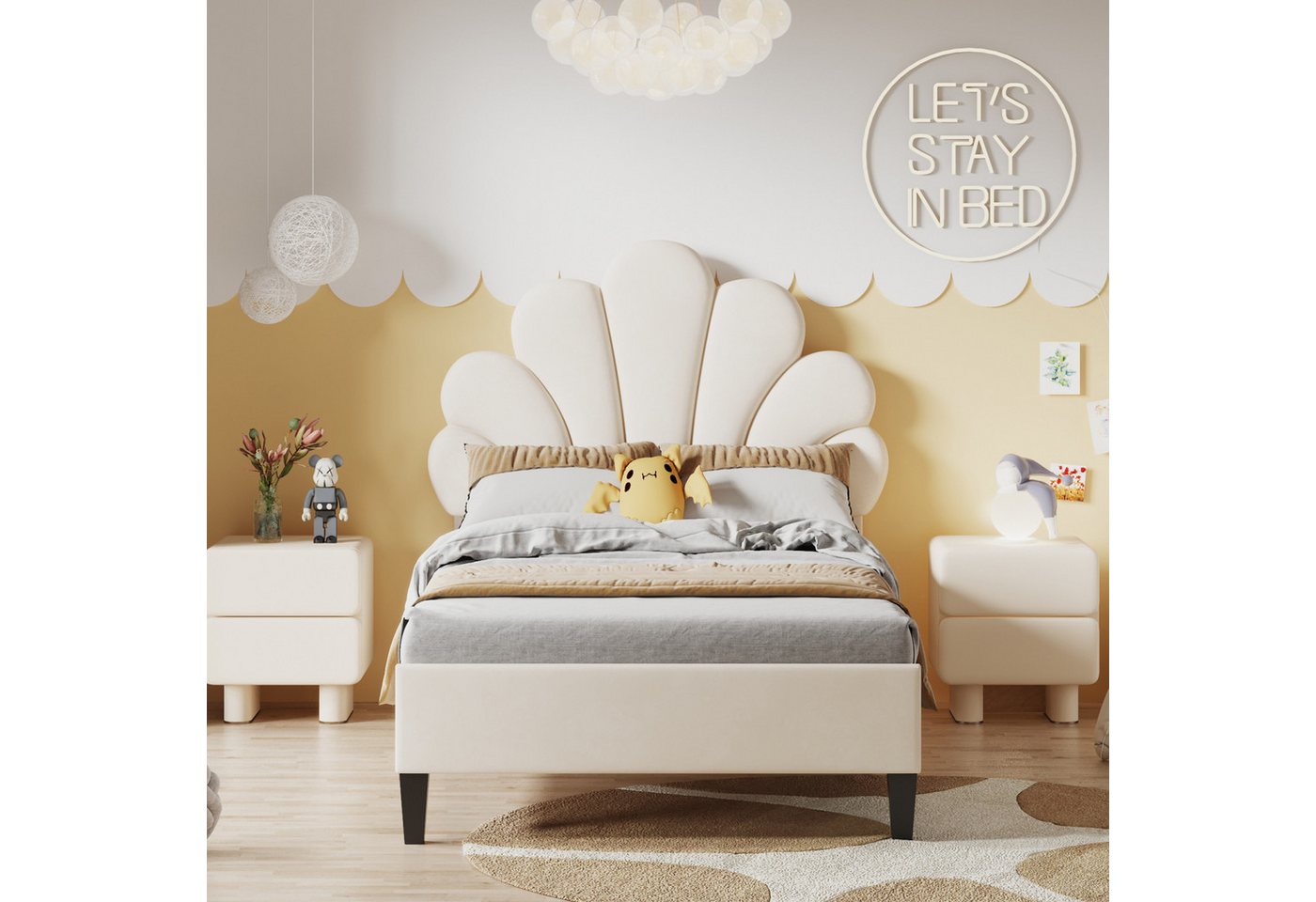 Simurq Einzelbett Polsterbett 90x200, Jugendbett, Einzelbett, Bettgestell, Gästebett, Mit Lattenrost, Blütenblattförmiges Kopfteil, Samt – Bild 5 von 5