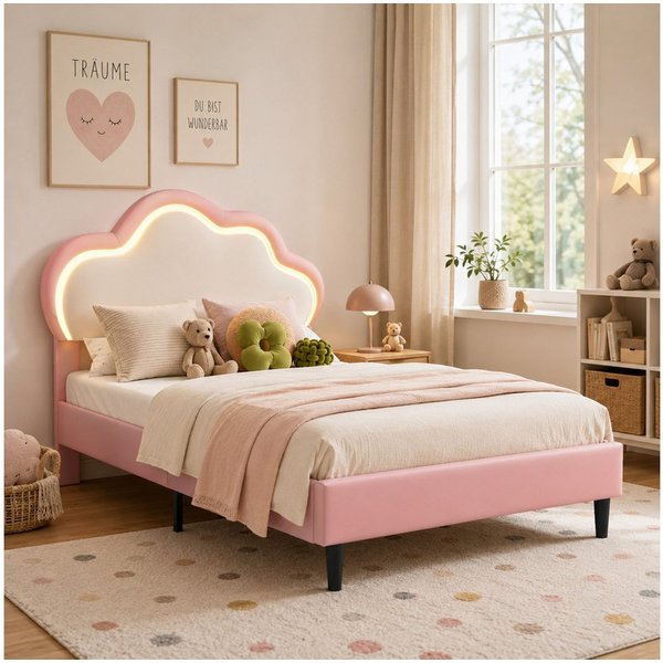 Simurq Einzelbett Polsterbett 90x200, Mädchenbett im Wolken-Design mit LED, Einzelbett, LED Einzelbett 90x200cm