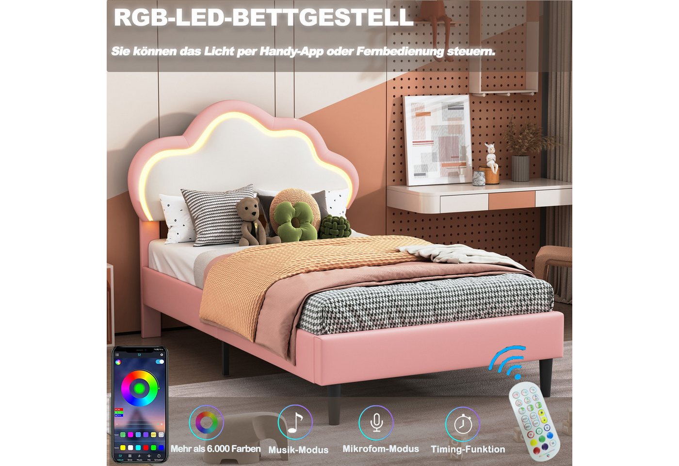 Simurq Einzelbett Polsterbett 90x200, Mädchenbett im Wolken-Design mit LED, Einzelbett, LED Einzelbett 90x200cm – Bild 2 von 5