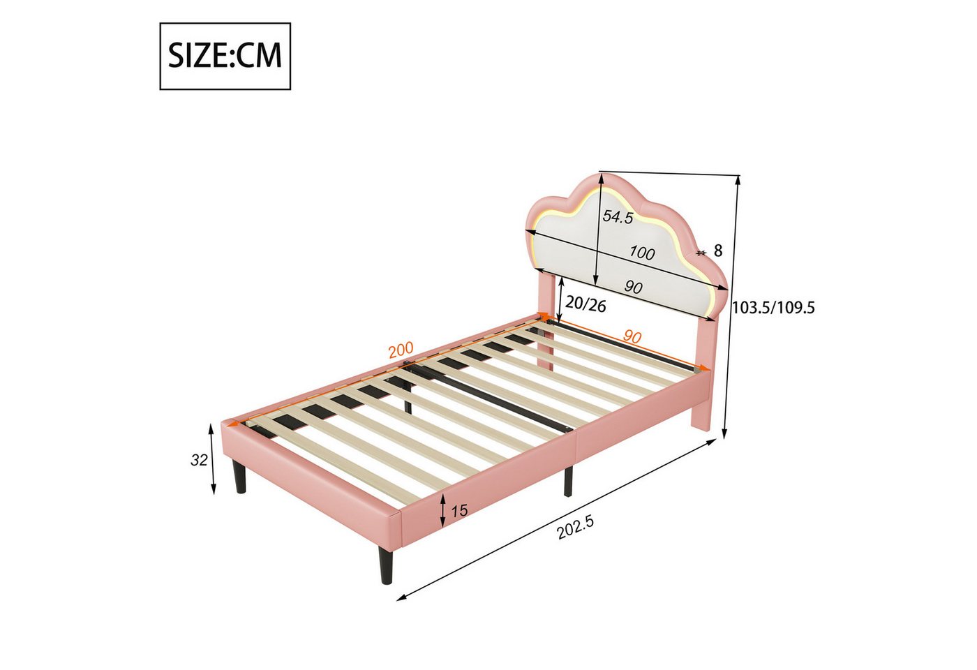 Simurq Einzelbett Polsterbett 90x200, Mädchenbett im Wolken-Design mit LED, Einzelbett, LED Einzelbett 90x200cm – Bild 5 von 5