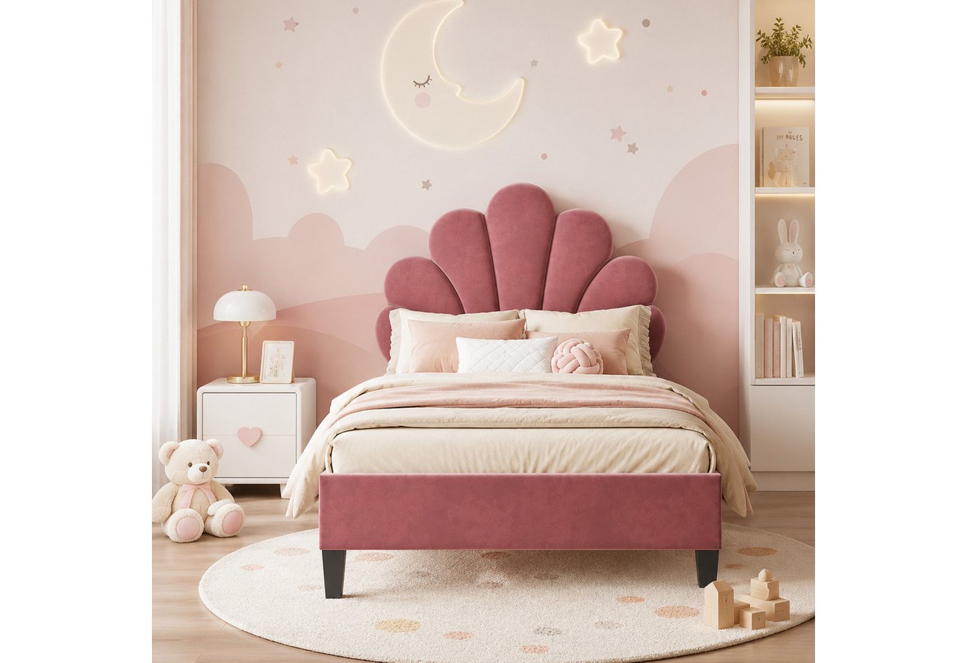 Simurq Einzelbett Polsterbett Samt Einzelbett mit gepolstertem, Jugendbett Bettgestell (Einzelbett), 90x200 cm aus Samt, höhenverstellbarem Kopfteil – Bild 2 von 5