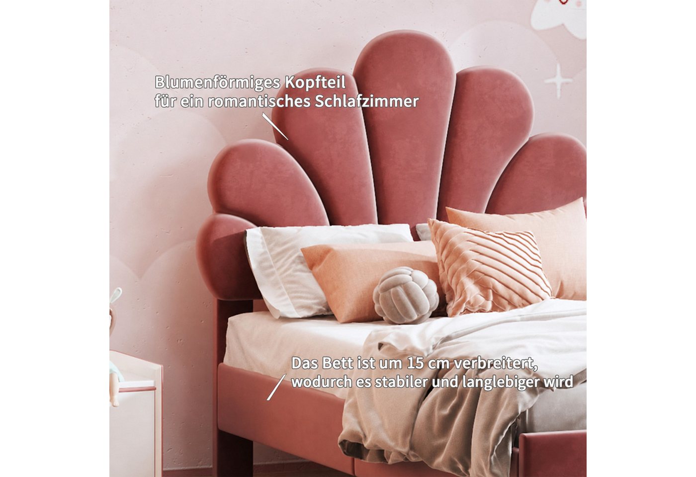 Simurq Einzelbett Polsterbett Samt Einzelbett mit gepolstertem, Jugendbett Bettgestell (Einzelbett), 90x200 cm aus Samt, höhenverstellbarem Kopfteil – Bild 3 von 5