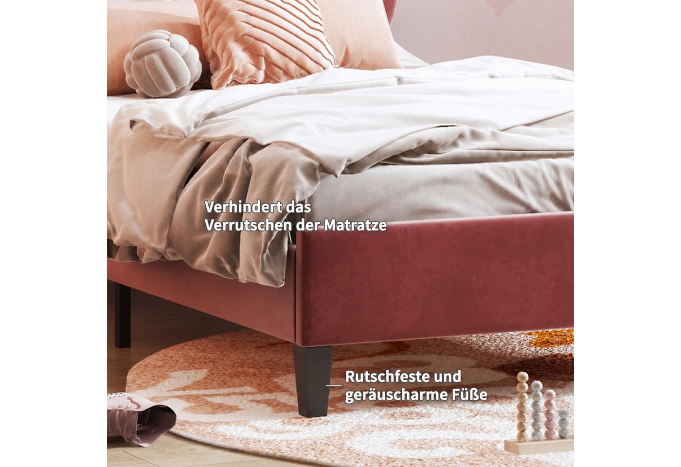 Simurq Einzelbett Polsterbett Samt Einzelbett mit gepolstertem, Jugendbett Bettgestell (Einzelbett), 90x200 cm aus Samt, höhenverstellbarem Kopfteil – Bild 4 von 5