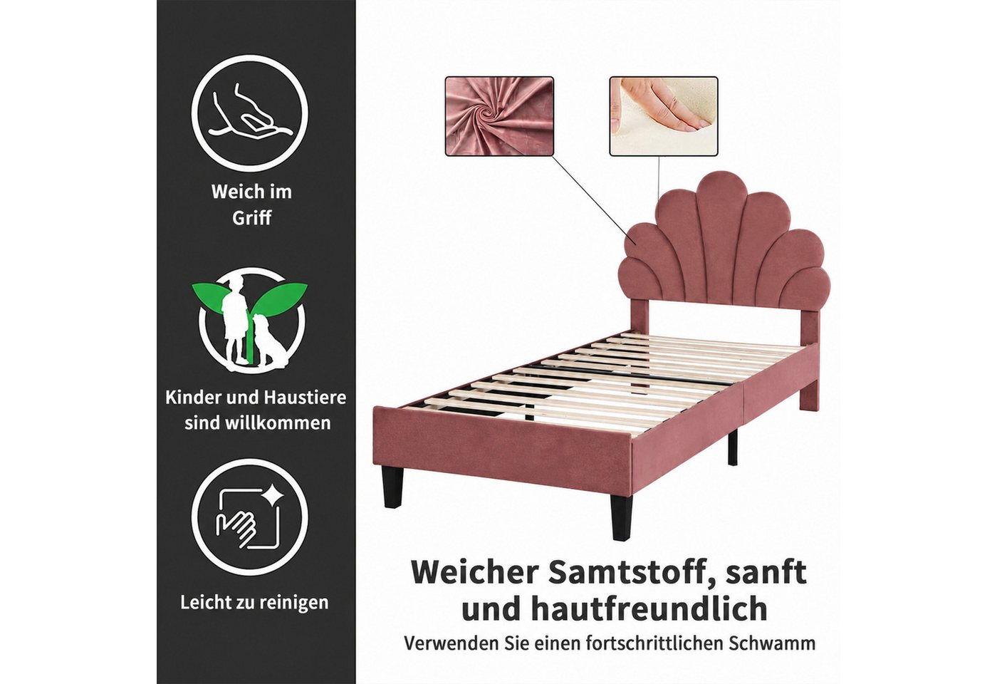 Simurq Einzelbett Polsterbett Samt Einzelbett mit gepolstertem, Jugendbett Bettgestell (Einzelbett), 90x200 cm aus Samt, höhenverstellbarem Kopfteil – Bild 5 von 5