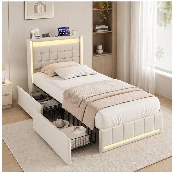 Simurq Einzelbett Stauraum 90x200, Polsterbett beige, Bett mit Type C (Bett mit Schubladen mit LED-System, USB & Type-C), Einzelbett, Polsterbett, Jugendzimmer 