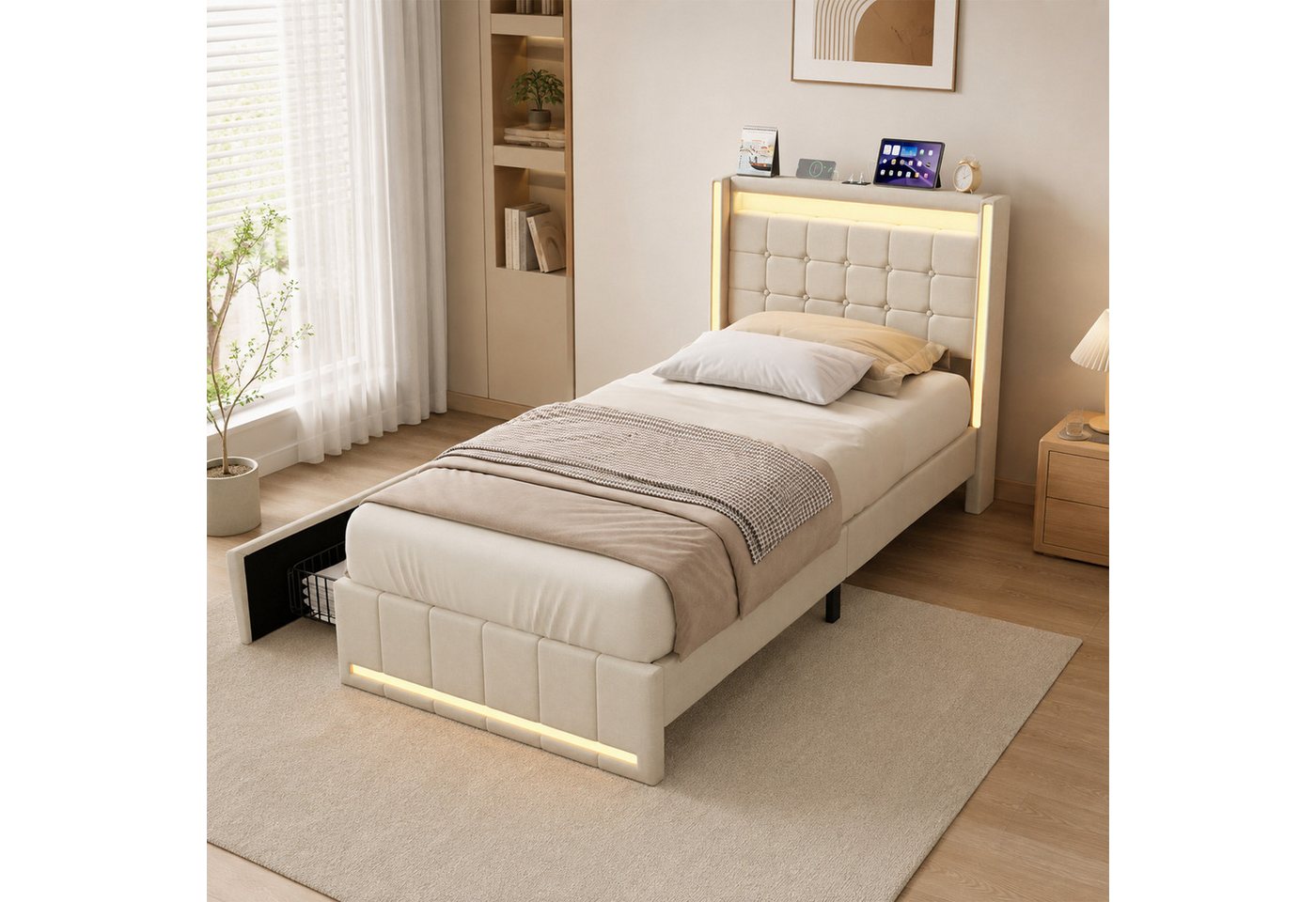 Simurq Einzelbett Stauraum 90x200, Polsterbett beige, Bett mit Type C (Bett mit Schubladen mit LED-System, USB & Type-C), Einzelbett, Polsterbett, Jugendzimmer  – Bild 3 von 5