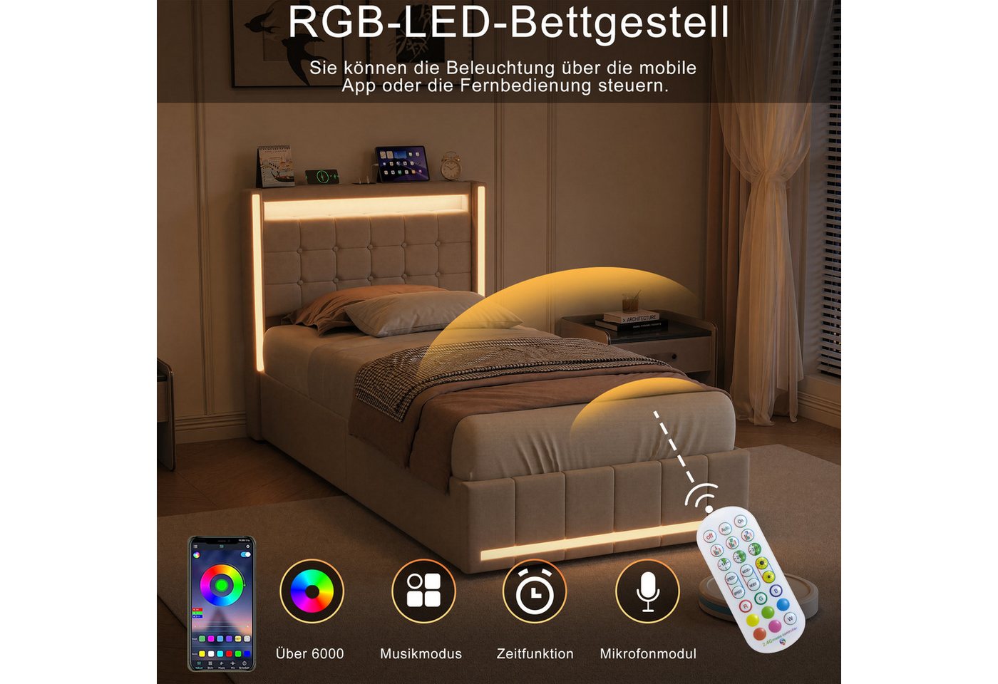 Simurq Einzelbett Stauraum 90x200, Polsterbett beige, Bett mit Type C (Bett mit Schubladen mit LED-System, USB & Type-C), Einzelbett, Polsterbett, Jugendzimmer  – Bild 4 von 5