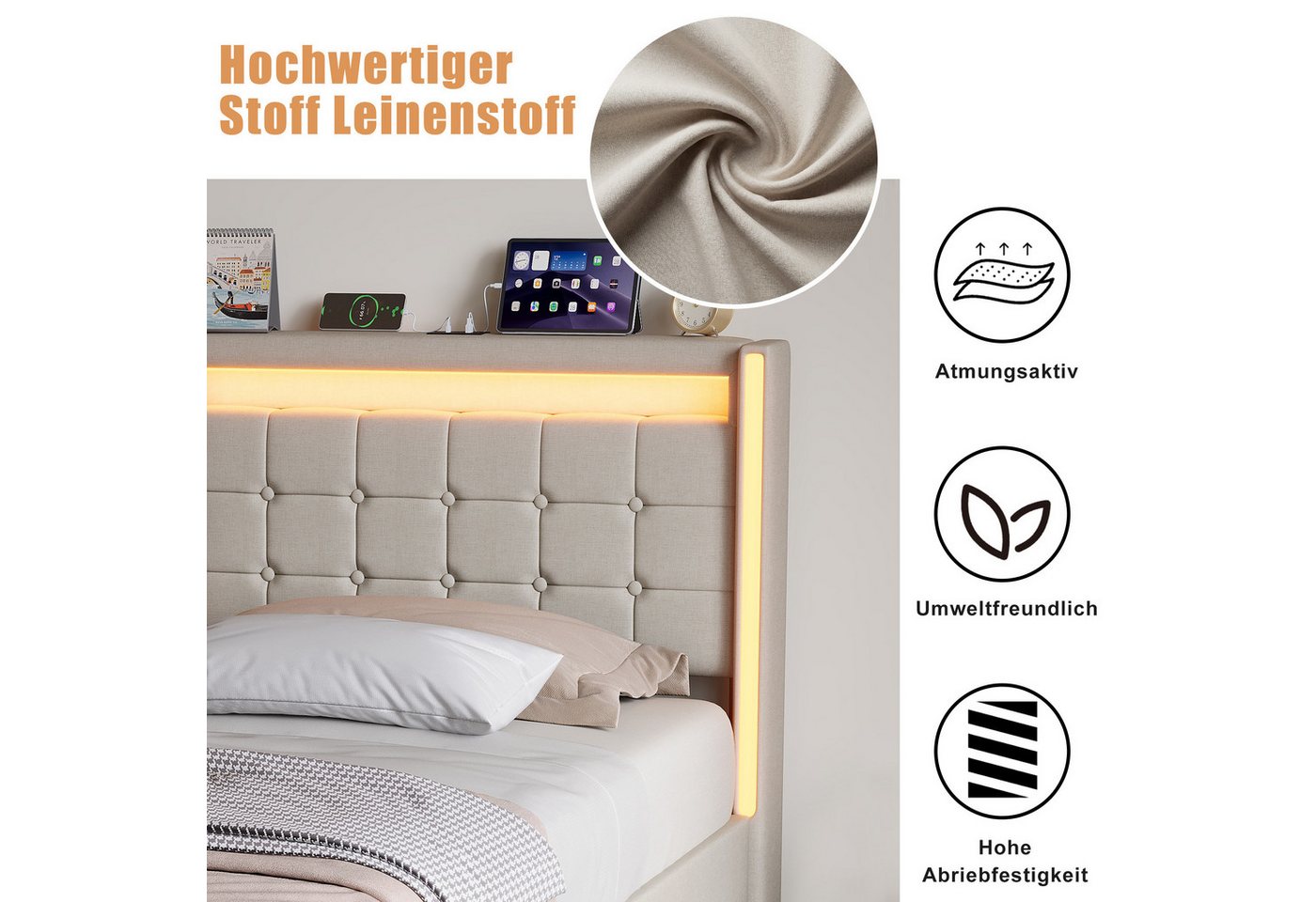 Simurq Einzelbett Stauraum 90x200, Polsterbett beige, Bett mit Type C (Bett mit Schubladen mit LED-System, USB & Type-C), Einzelbett, Polsterbett, Jugendzimmer  – Bild 5 von 5