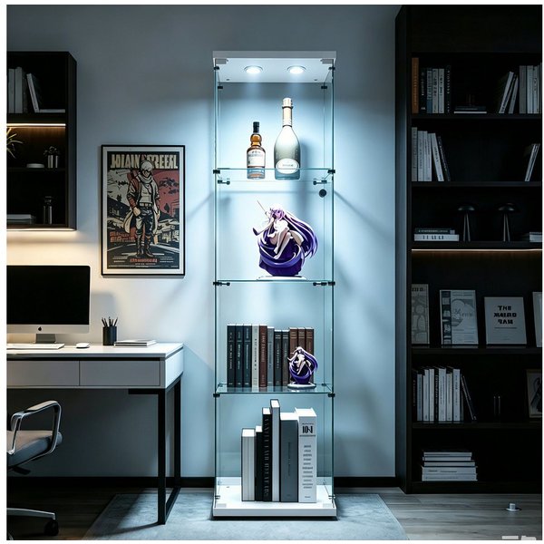Simurq Glasvitrine mit LED Beleuchtung Standvitrine mit Glastür,Eckvitrine Glas (1-2 Packungen, Vitrinenschrank mit 1 türen,Schloss) Glas vitrine aus Gehärtetes