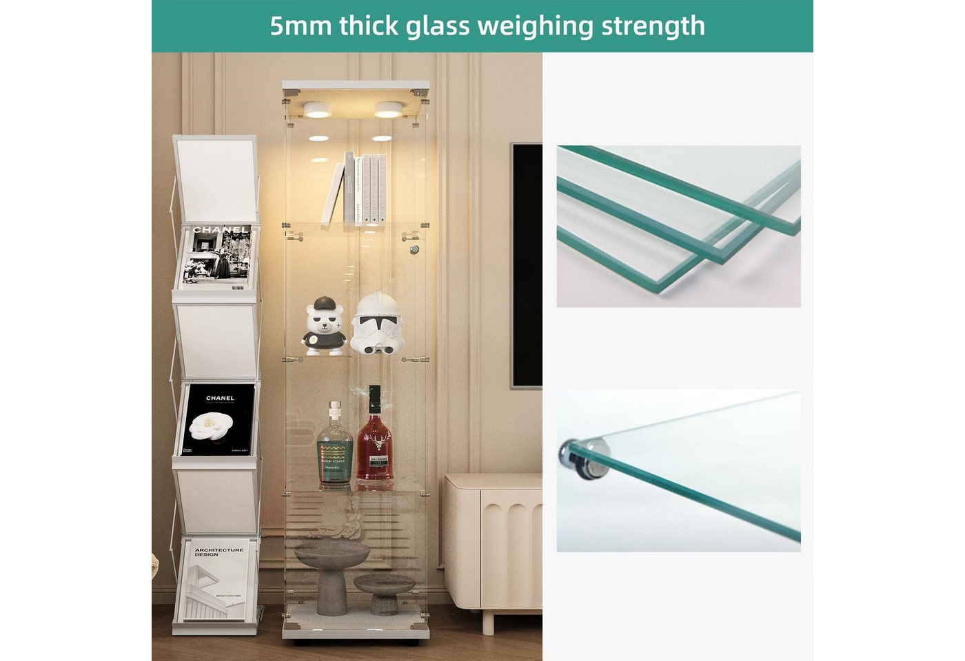 Simurq Glasvitrine mit LED Beleuchtung Standvitrine mit Glastür,Eckvitrine Glas (1-2 Packungen, Vitrinenschrank mit 1 türen,Schloss) Glas vitrine aus Gehärtetes – Bild 5 von 5