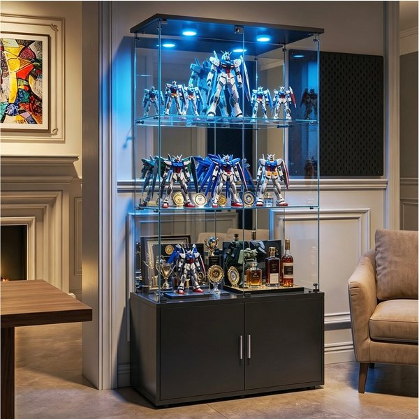 Simurq Glasvitrine Standvitrine aus Glas mit LED, Vitrinenschrank Schrank für Sammlung (Glas Vitrine mit 2 Glastür und 3 Lagen, Glasschrank mit Schloss) Vitrine