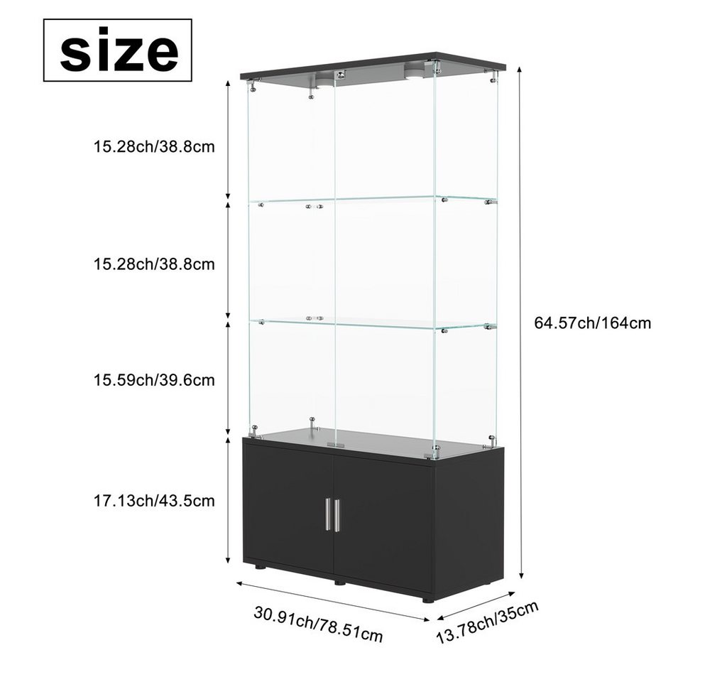 Simurq Glasvitrine Standvitrine aus Glas mit LED, Vitrinenschrank Schrank für Sammlung (Glas Vitrine mit 2 Glastür und 3 Lagen, Glasschrank mit Schloss) Vitrine – Bild 2 von 5
