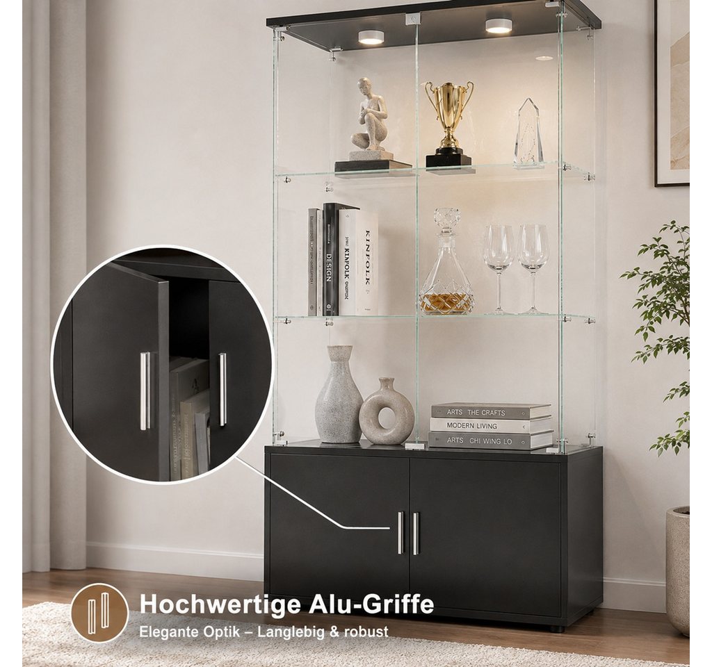 Simurq Glasvitrine Standvitrine aus Glas mit LED, Vitrinenschrank Schrank für Sammlung (Glas Vitrine mit 2 Glastür und 3 Lagen, Glasschrank mit Schloss) Vitrine – Bild 4 von 5